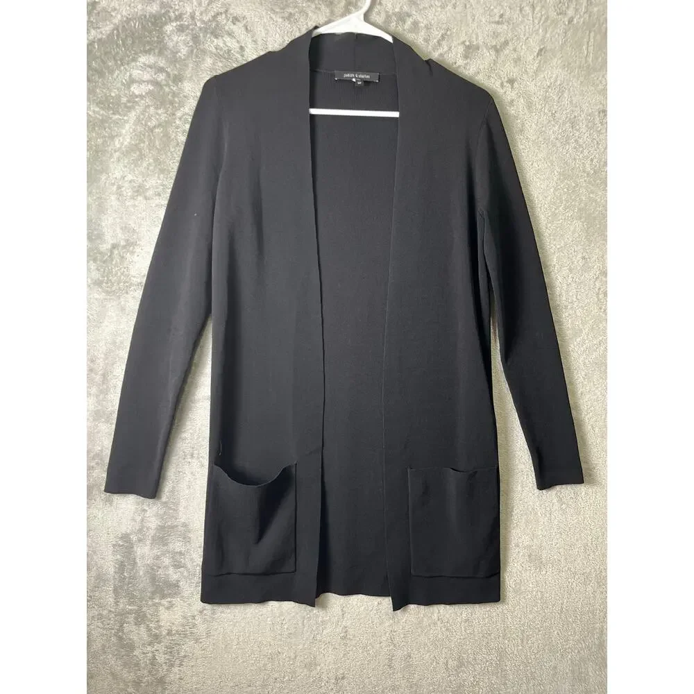 Judith & Charles Black Open Front Knit Cardigan Minimalist Pockets Office Career